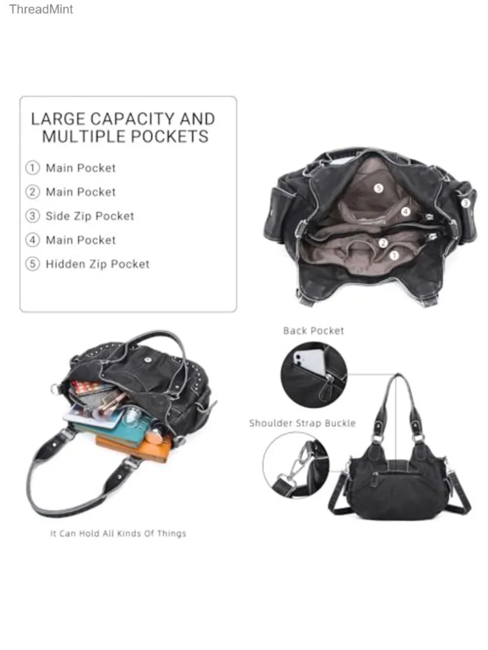Women's Vegan Leather Hobo Handbag with Metal Studs, Adjustable Crossbody Strap